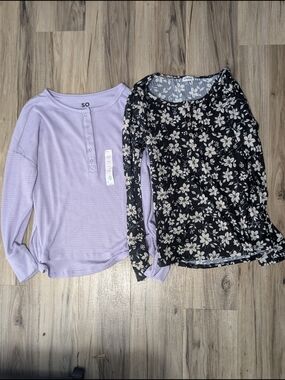Pulse Floral Ribbed Top in Black & White, SO Henley Lilac Top